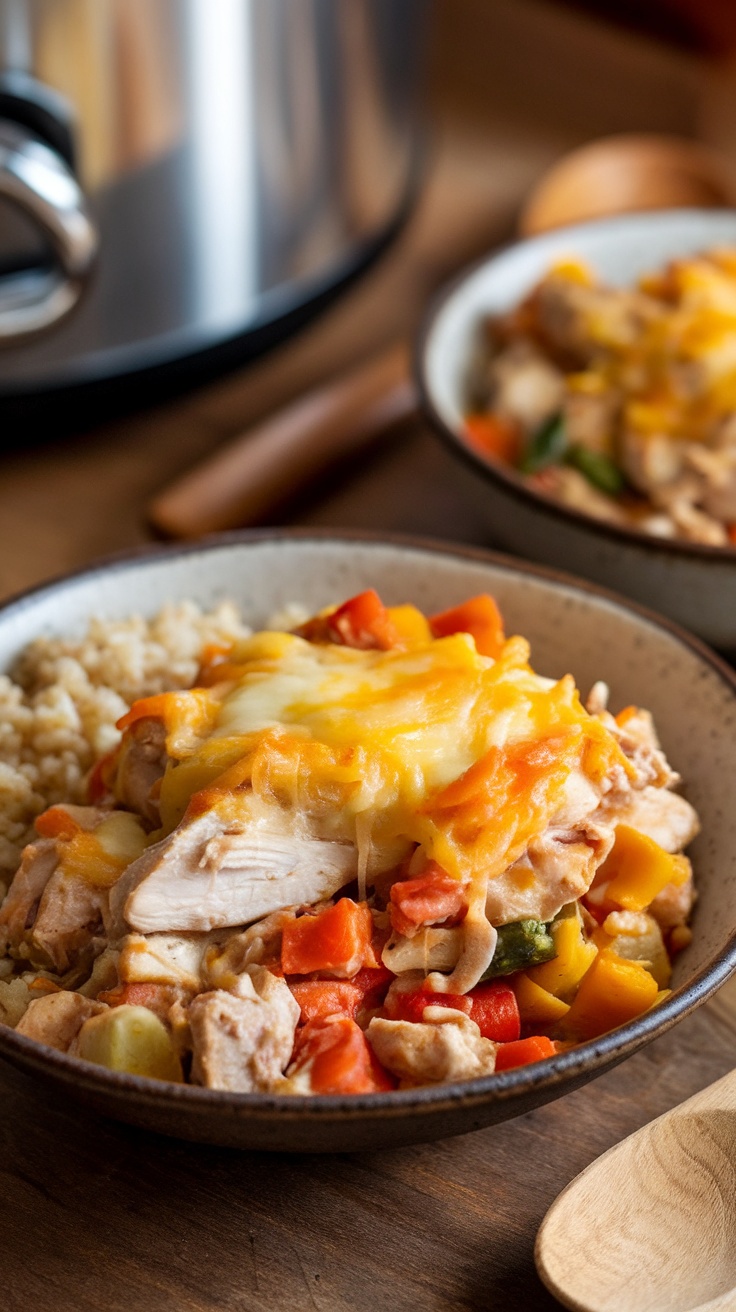 A hearty chicken casserole with vegetables and cheese, served in a bowl with grains, in a cozy kitchen.